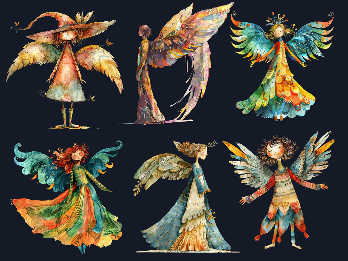 50 PNG Watercolor Whimsical Clipart, Quirky Angel Illustrations Clip art, Peculiar Fairy Girl png, Whimsical Mixed Media Art Sublimation