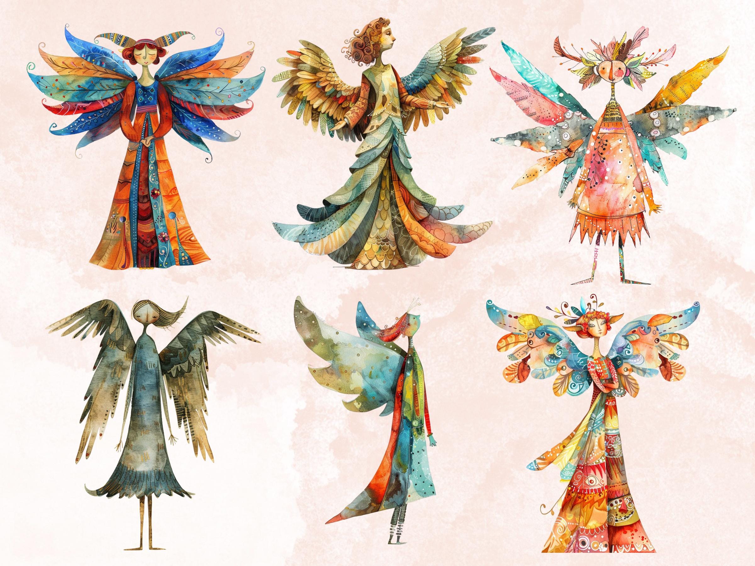 50 PNG Watercolor Whimsical Clipart, Quirky Angel Illustrations Clip art, Peculiar Fairy Girl png, Whimsical Mixed Media Art Sublimation