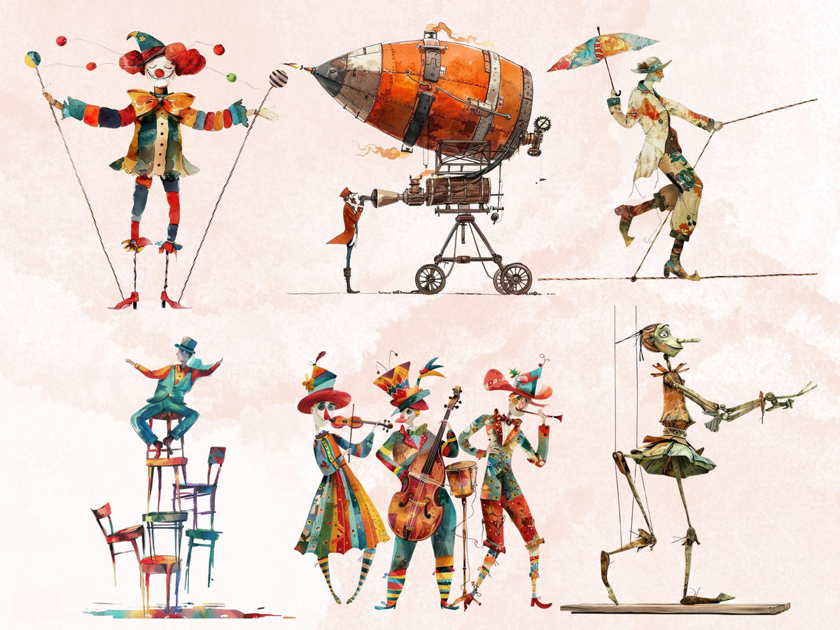 60 PNG Watercolor Whimsical Circus Clipart, Quirky Vintage Circus Illustrations Clip art, Cute Creepy Clown png, Circus Ephemera Sublimation