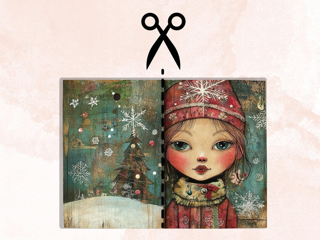 Whimsical Christmas Girl Junk Journal Kit, Double Pages Ephemera, Xmas Collage Sheet,  Christmas Scrapbook Paper, Printable Vintage ATC Card