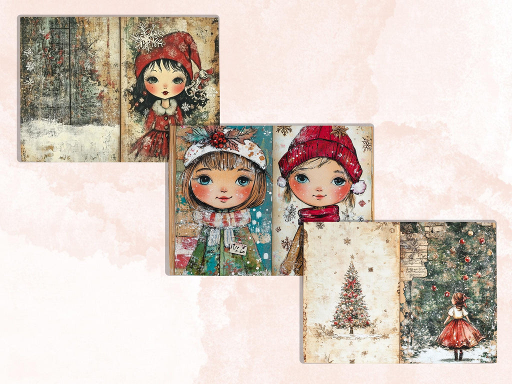 Whimsical Christmas Girl Junk Journal Kit, Double Pages Ephemera, Xmas Collage Sheet,  Christmas Scrapbook Paper, Printable Vintage ATC Card