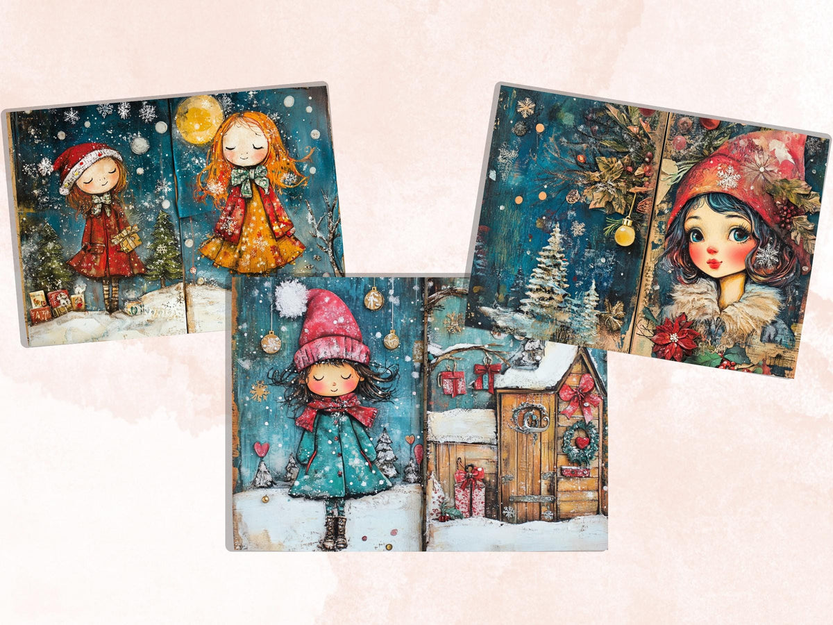 Whimsical Christmas Girl Junk Journal Kit, Double Pages Ephemera, Xmas Collage Sheet,  Christmas Scrapbook Paper, Printable Vintage ATC Card