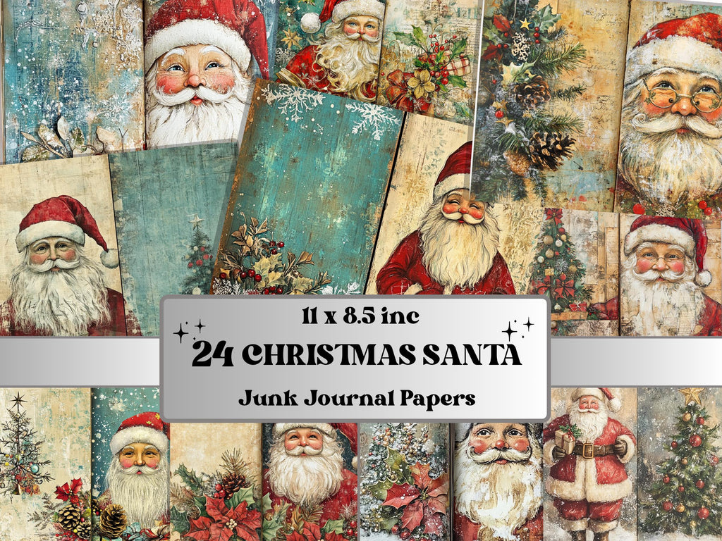 Whimsical Santa Claus Junk Journal Kit, Noel Double Pages Ephemera, Mixed Media Collage Sheet,  Xmas Scrapbook Paper, Christmas ATC Card