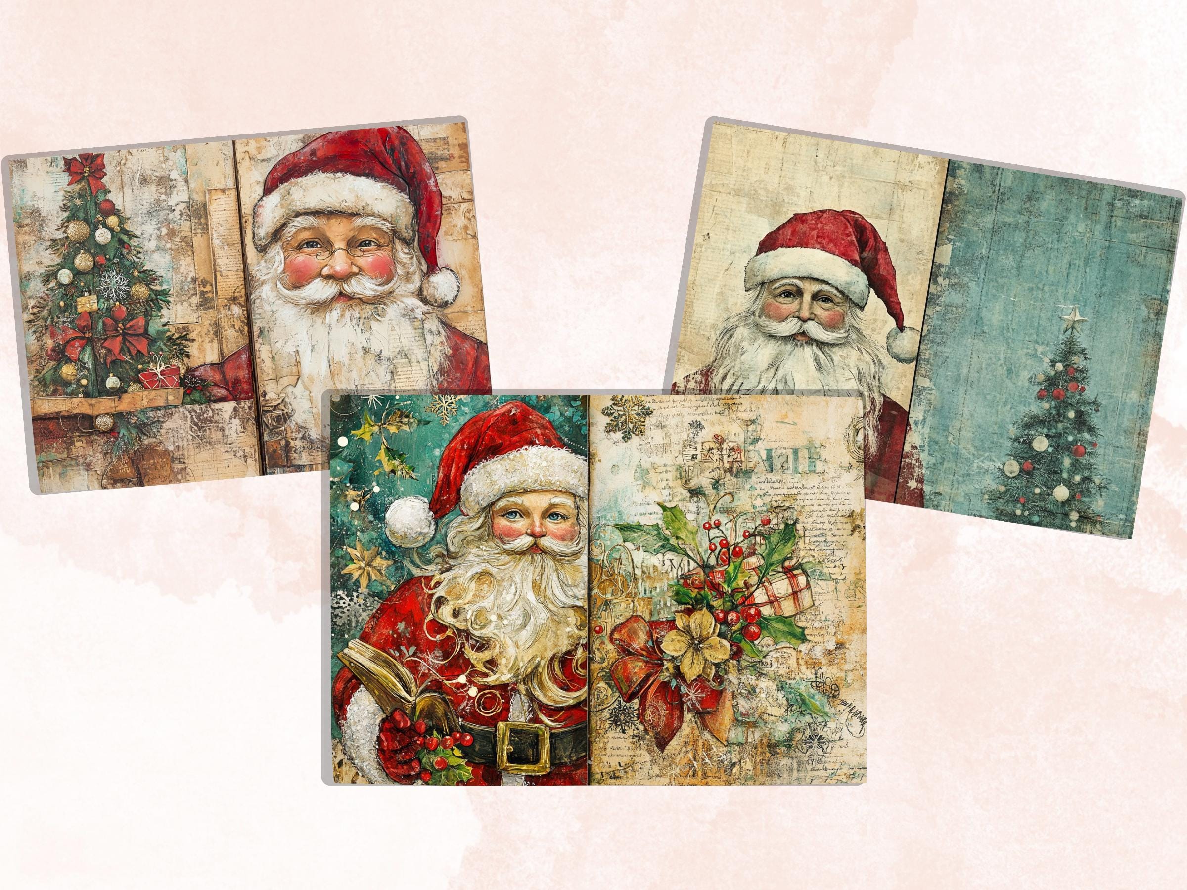 Whimsical Santa Claus Junk Journal Kit, Noel Double Pages Ephemera, Mixed Media Collage Sheet,  Xmas Scrapbook Paper, Christmas ATC Card