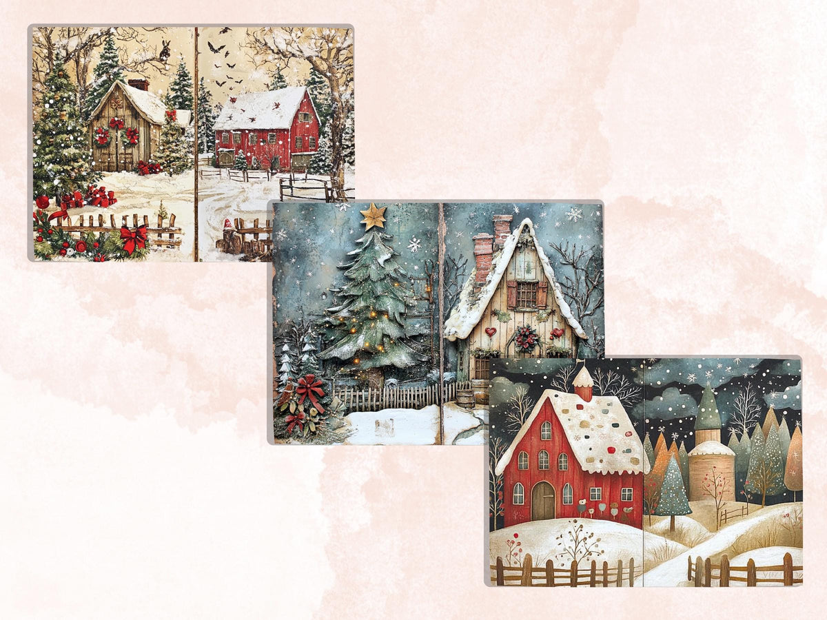 Whimsical Christmas Farm Junk Journal Kit, Country Double Pages Ephemera, Rustic Collage Sheet,  Farm Scrapbook Paper, Christmas ATC Card