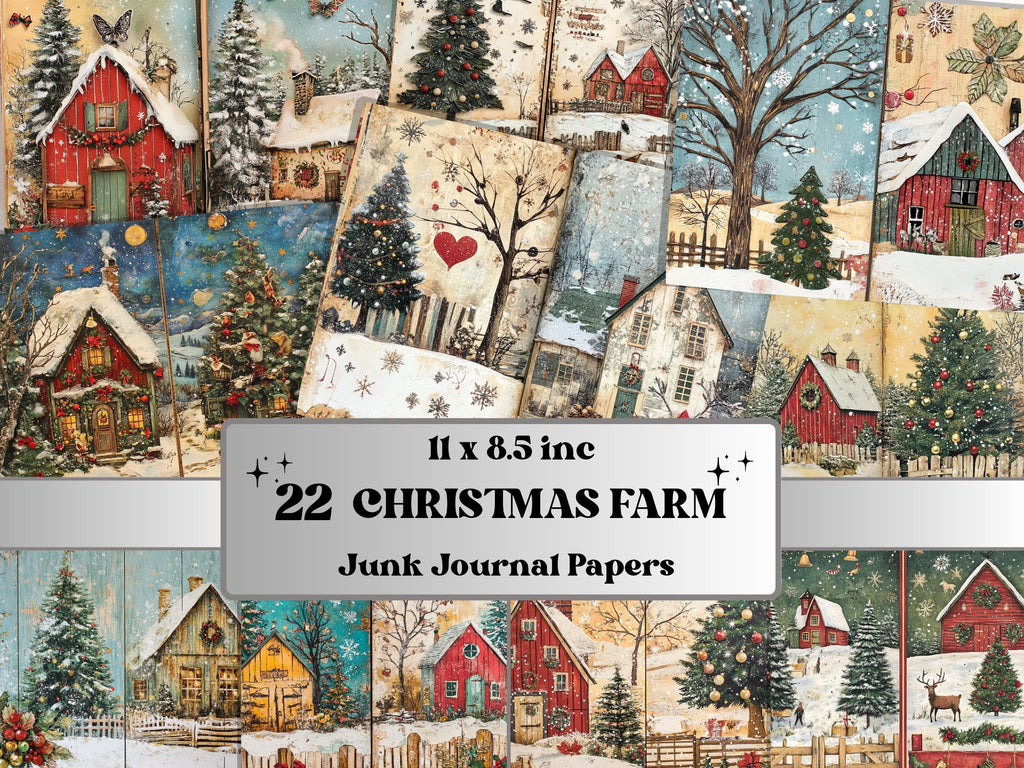 Whimsical Christmas Farm Junk Journal Kit, Country Double Pages Ephemera, Rustic Collage Sheet,  Farm Scrapbook Paper, Christmas ATC Card