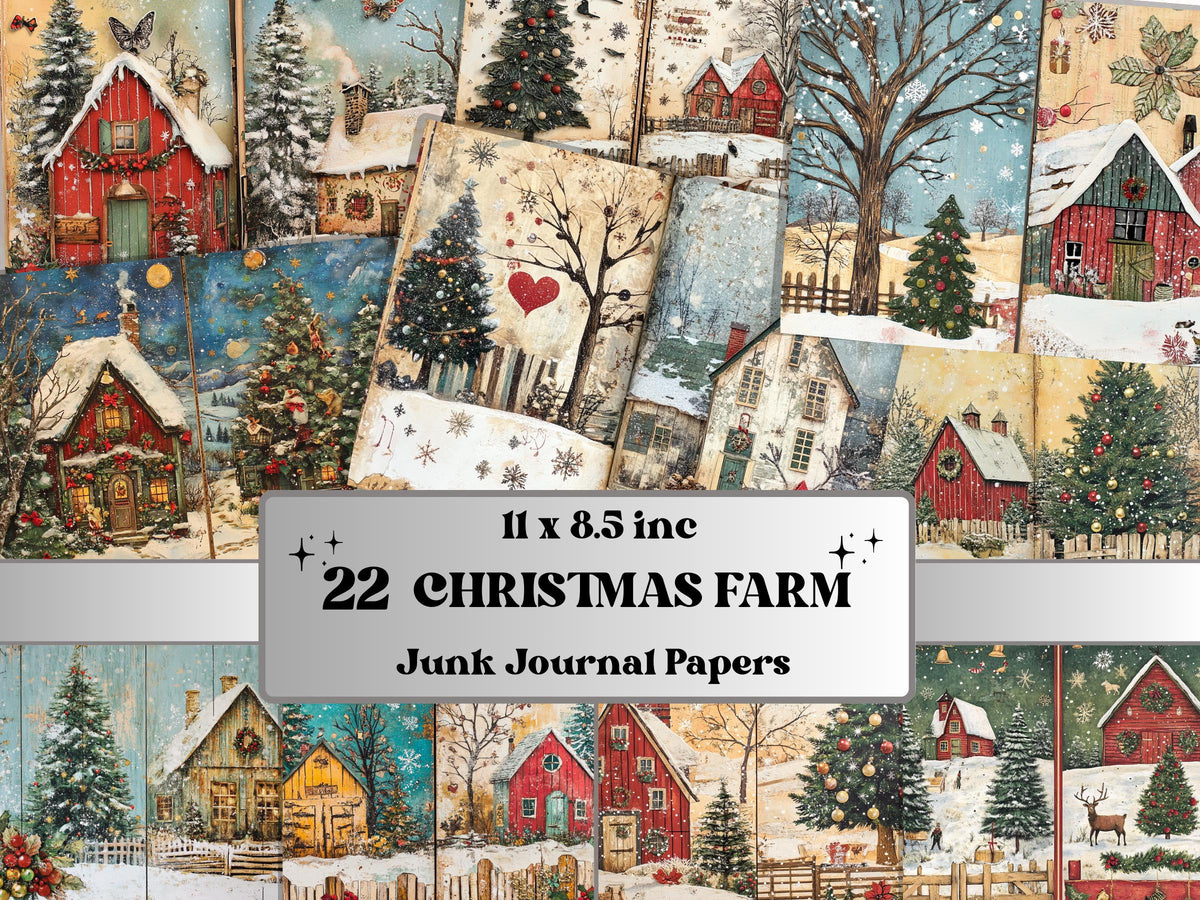 Whimsical Christmas Farm Junk Journal Kit, Country Double Pages Ephemera, Rustic Collage Sheet,  Farm Scrapbook Paper, Christmas ATC Card