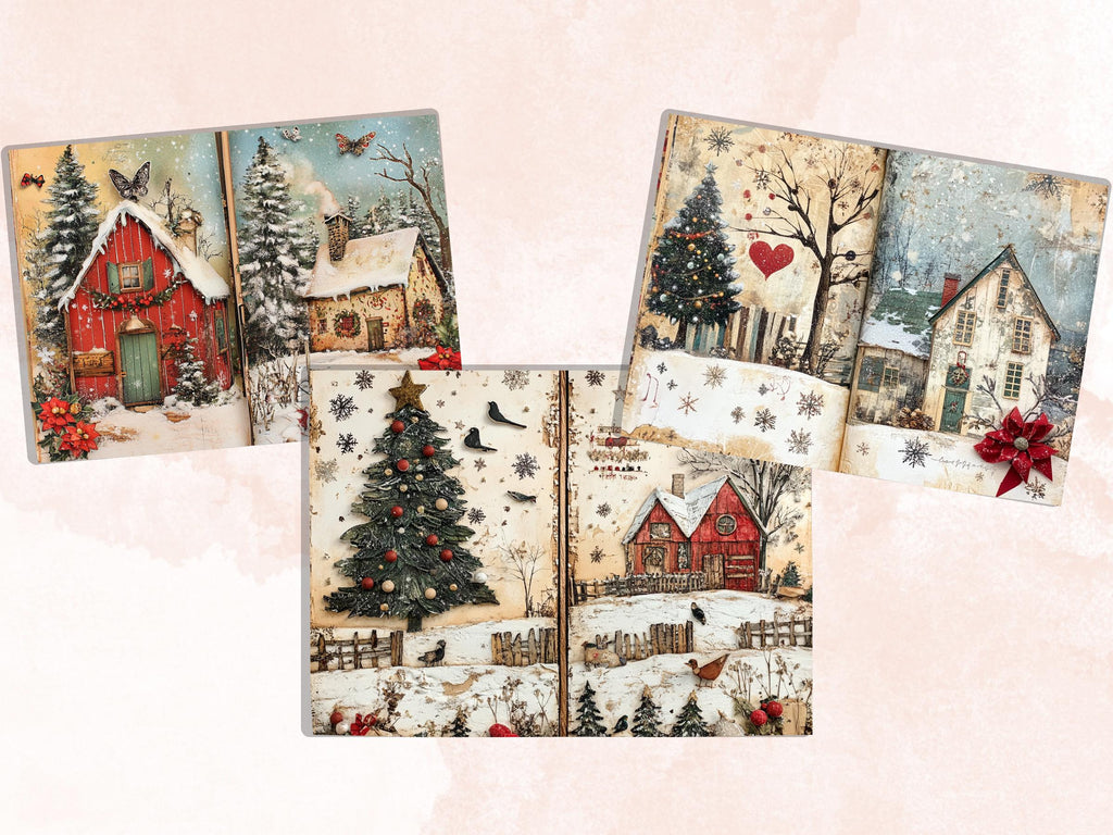 Whimsical Christmas Farm Junk Journal Kit, Country Double Pages Ephemera, Rustic Collage Sheet,  Farm Scrapbook Paper, Christmas ATC Card