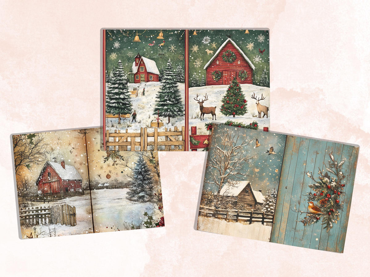Whimsical Christmas Farm Junk Journal Kit, Country Double Pages Ephemera, Rustic Collage Sheet,  Farm Scrapbook Paper, Christmas ATC Card