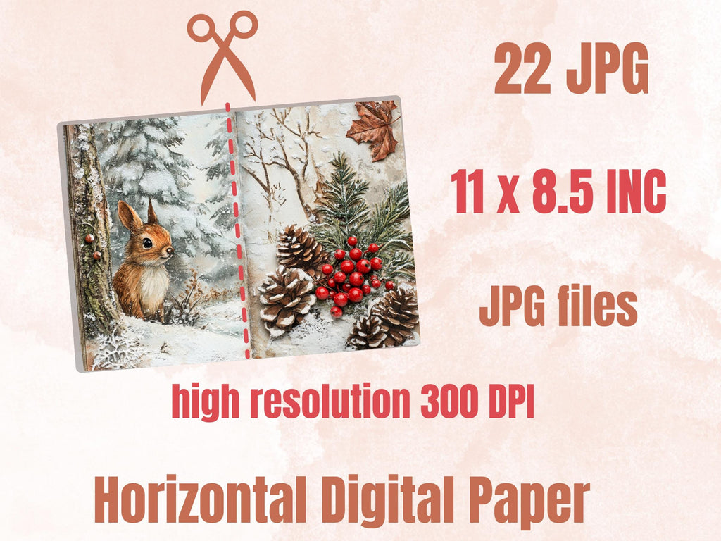 Whimsical Christmas Woodland Junk Journal Kit, Snowy Forest Collage Sheet, Winter Woodland Scrapbook Paper, ATC Card, Xmas Pages Ephemera