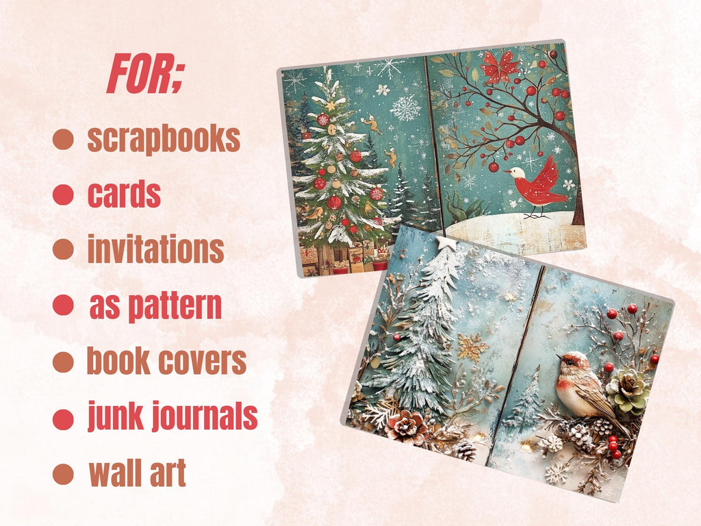 Whimsical Christmas Woodland Junk Journal Kit, Snowy Forest Collage Sheet, Winter Woodland Scrapbook Paper, ATC Card, Xmas Pages Ephemera