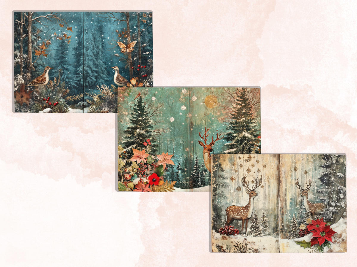 Whimsical Christmas Woodland Junk Journal Kit, Snowy Forest Collage Sheet, Winter Woodland Scrapbook Paper, ATC Card, Xmas Pages Ephemera