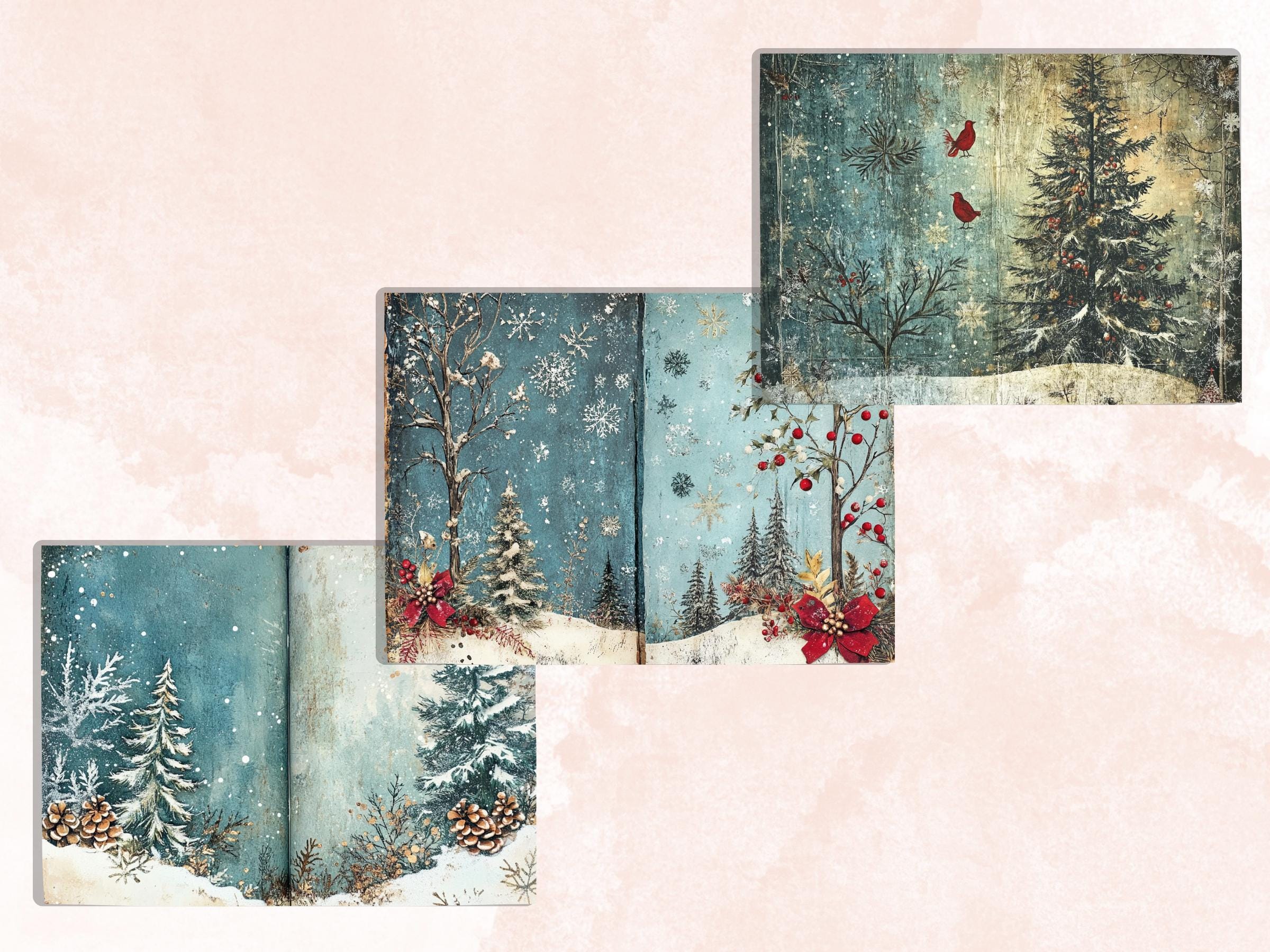 Whimsical Christmas Woodland Junk Journal Kit, Snowy Forest Collage Sheet, Winter Woodland Scrapbook Paper, ATC Card, Xmas Pages Ephemera