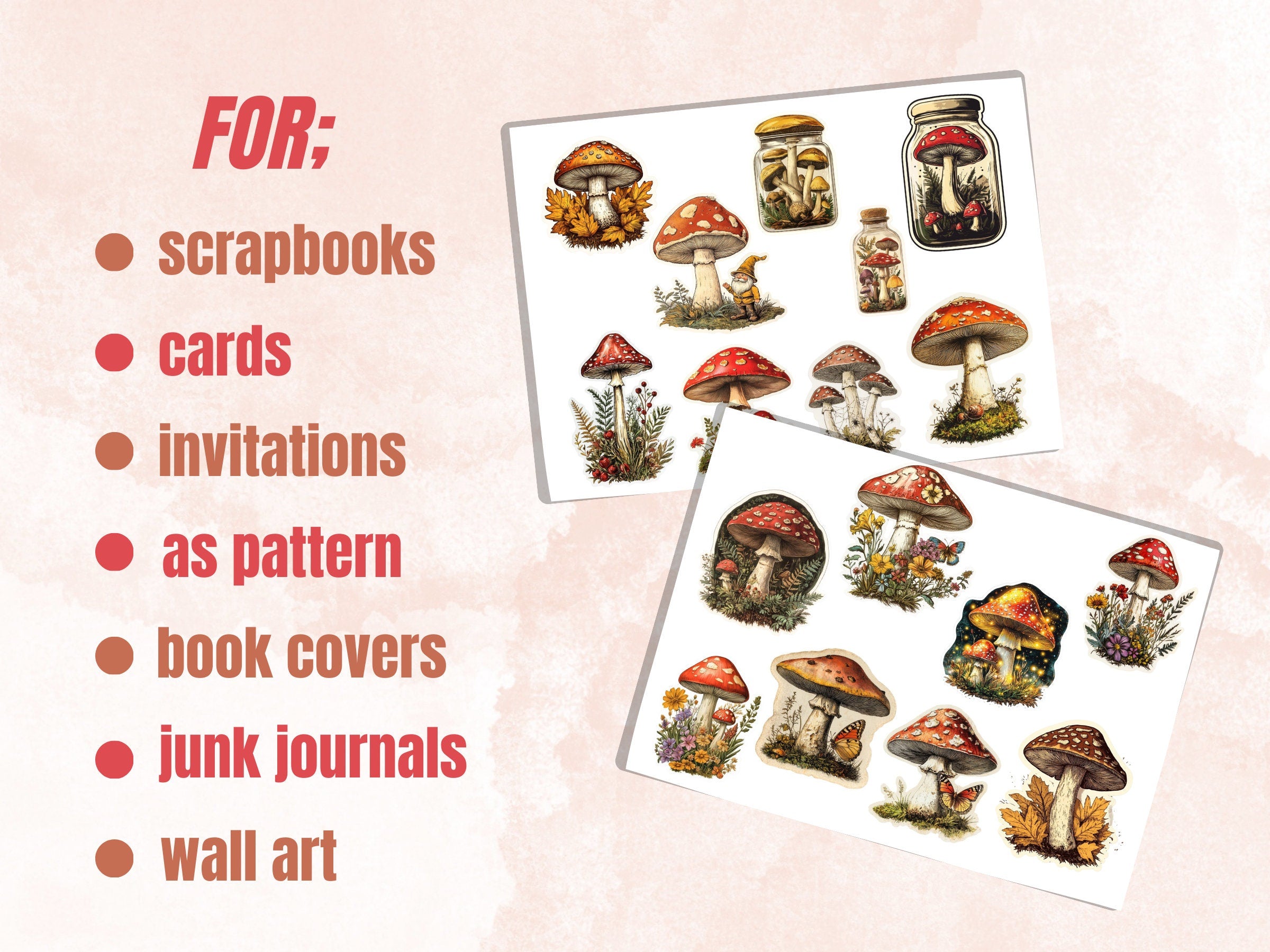 Magical Mushroom Fussy Cut Pages, Vintage Forest Mushroom Fussy Cut Ephemera Sheet, Woodland Journal Add On Kit, Fantasy Mixed Media Collage