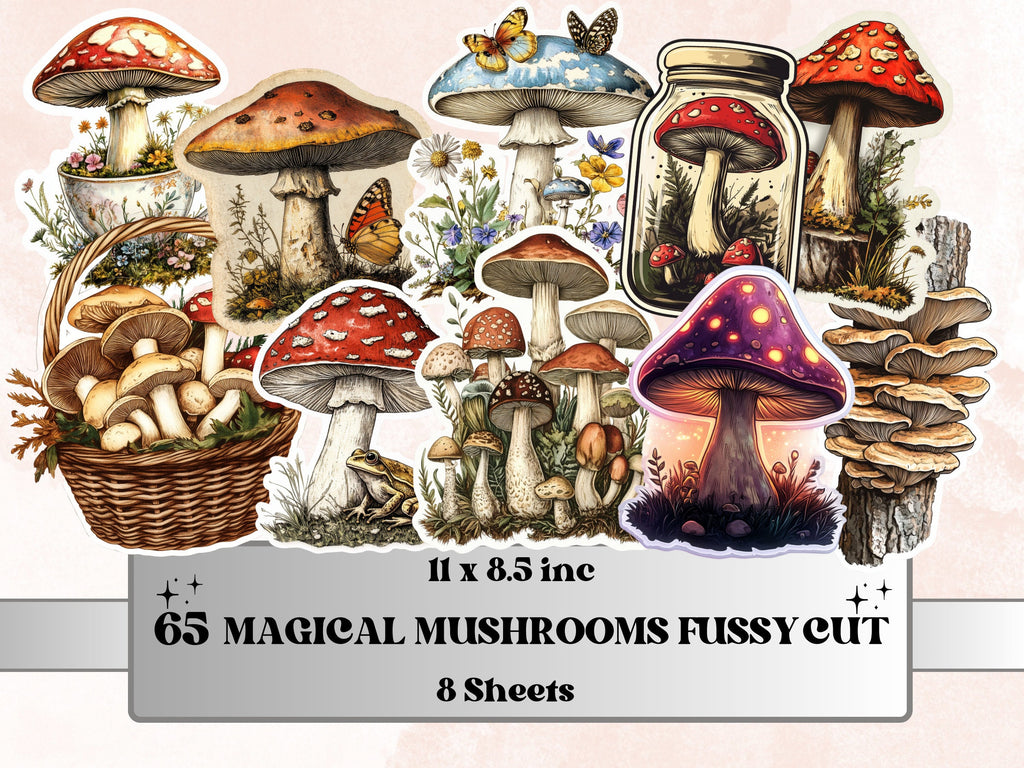Magical Mushroom Fussy Cut Pages, Vintage Forest Mushroom Fussy Cut Ephemera Sheet, Woodland Journal Add On Kit, Fantasy Mixed Media Collage