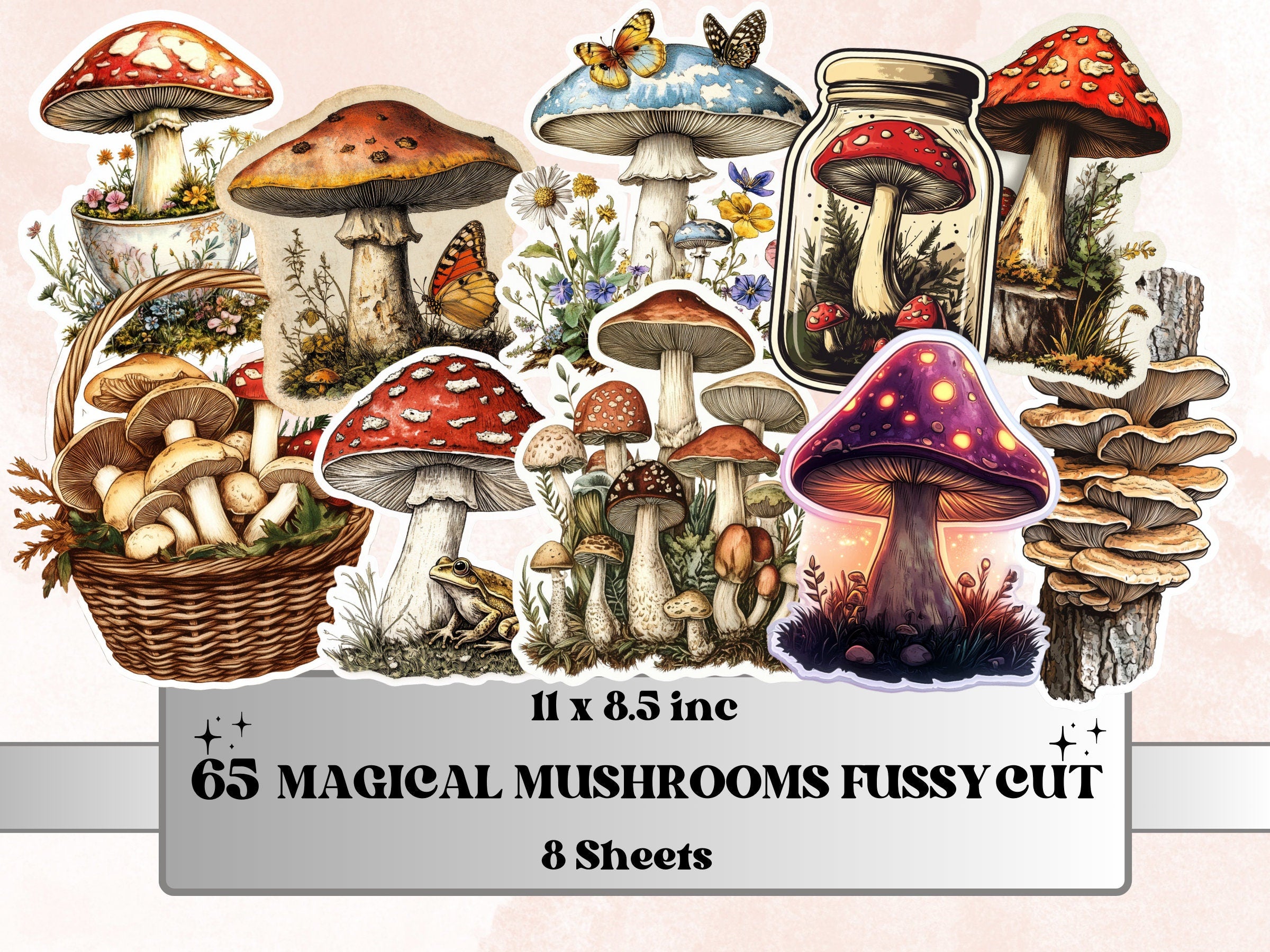 Magical Mushroom Fussy Cut Pages, Vintage Forest Mushroom Fussy Cut Ephemera Sheet, Woodland Journal Add On Kit, Fantasy Mixed Media Collage