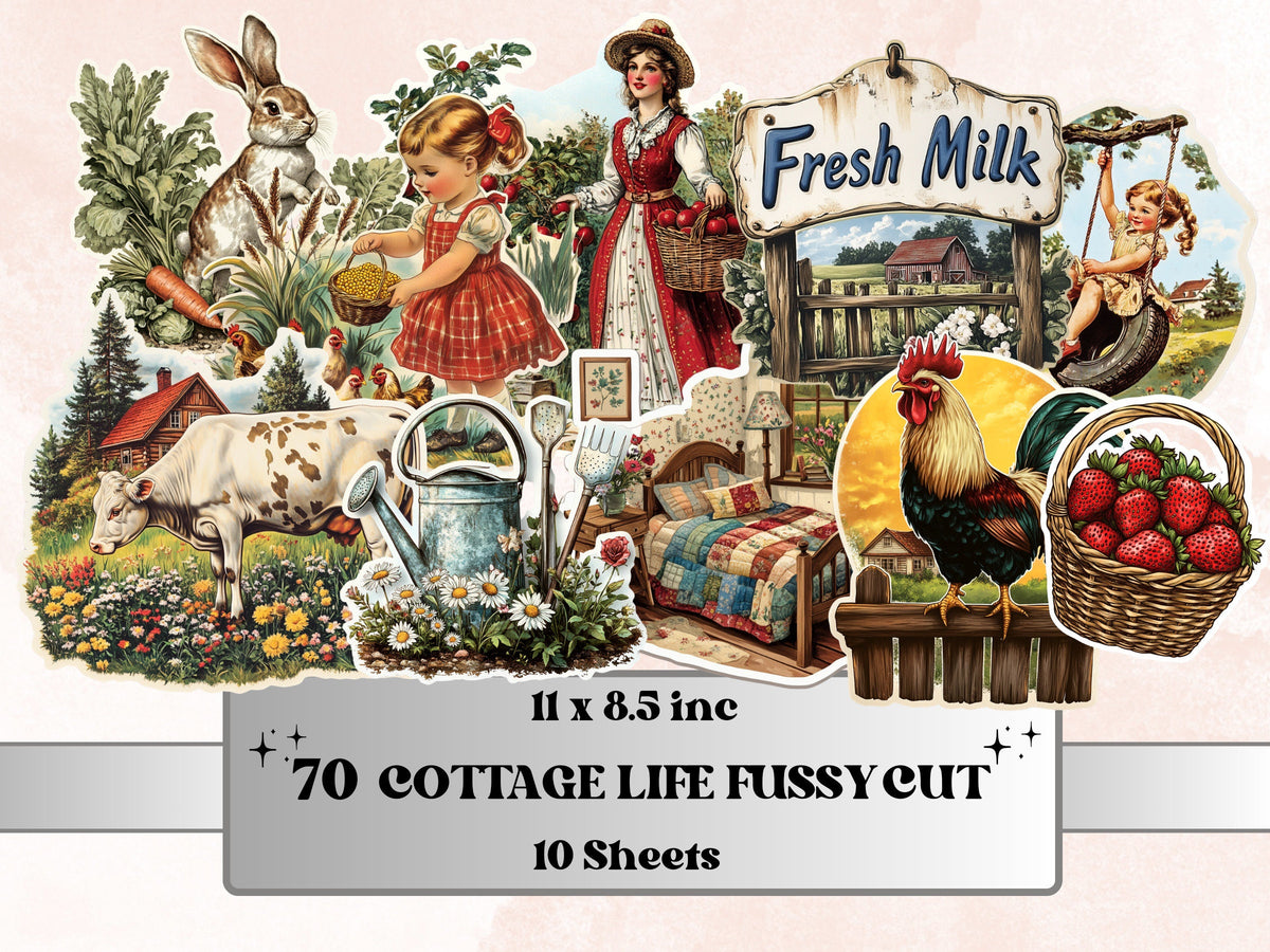 Cottage Life Fussy Cut Pages, Vintage Forest Farm Life Fussy Cut Ephemera Sheet, Cottagecore Journal Add On Kit, Fantasy Mixed Media Collage