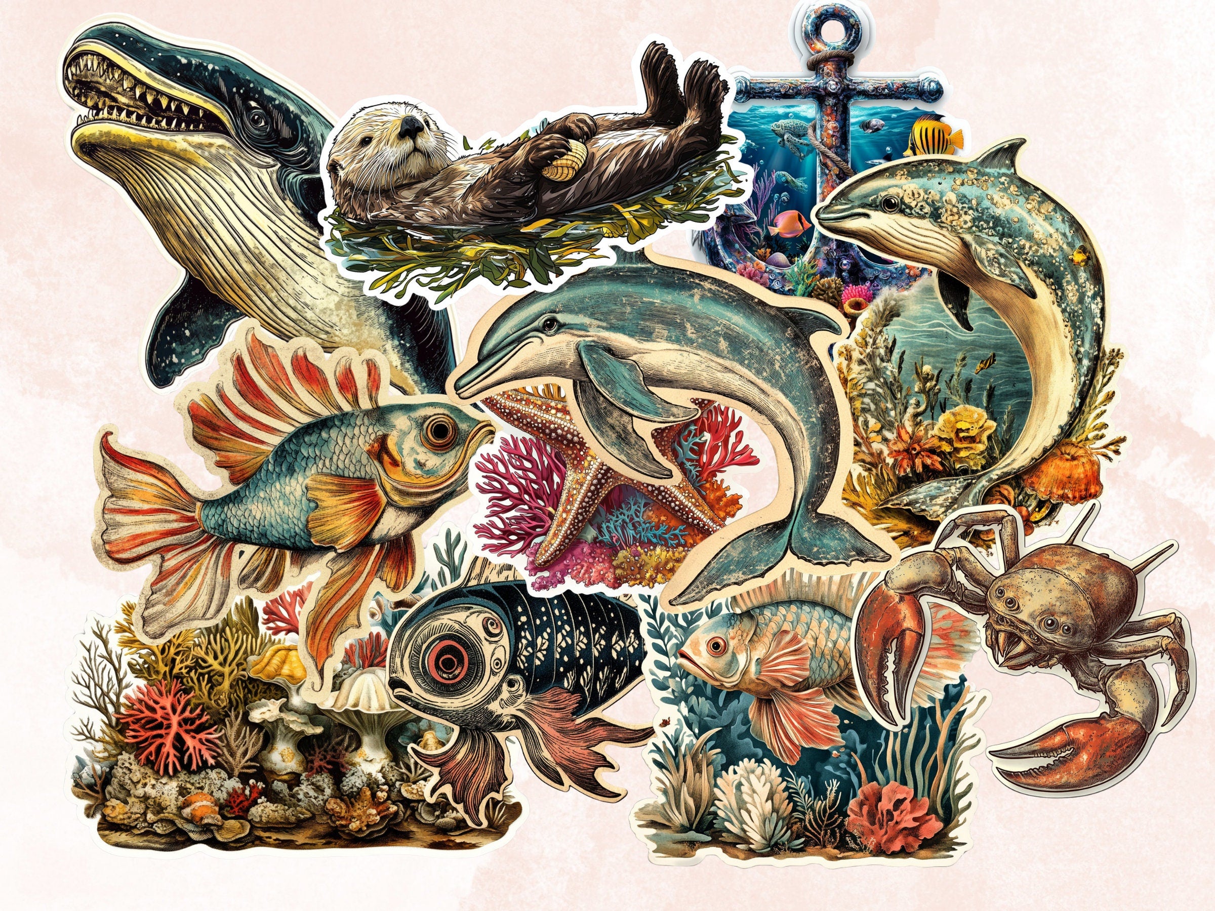 Underwater Fussy Cut Pages, Vintage Under the Sea Fussy Cut Ephemera Sheet, Ocean Journal Add On Kit, Underwater Mixed Media Collage