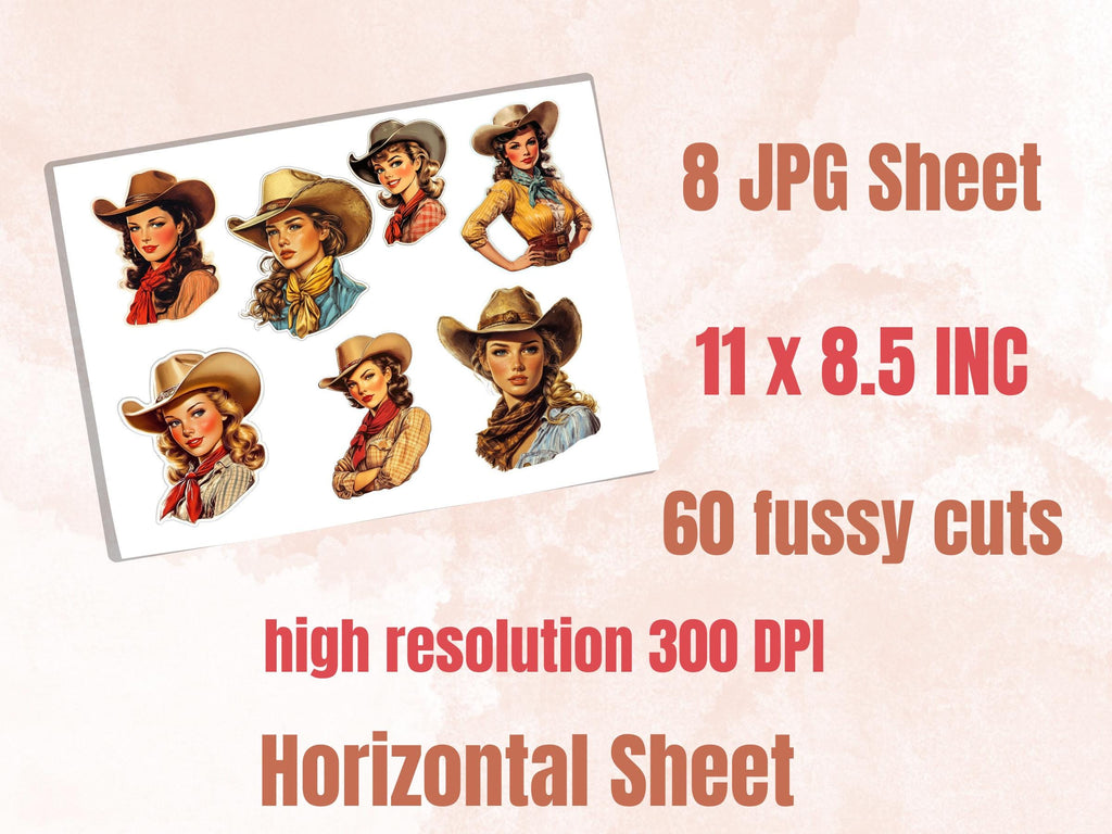 Western Cowgirl Fussy Cut Pages, Desert Girl Fussy Cut Ephemera Sheet, Wild West Retro Cowgirl Journal Add On Kit, Retro Mixed Media Collage
