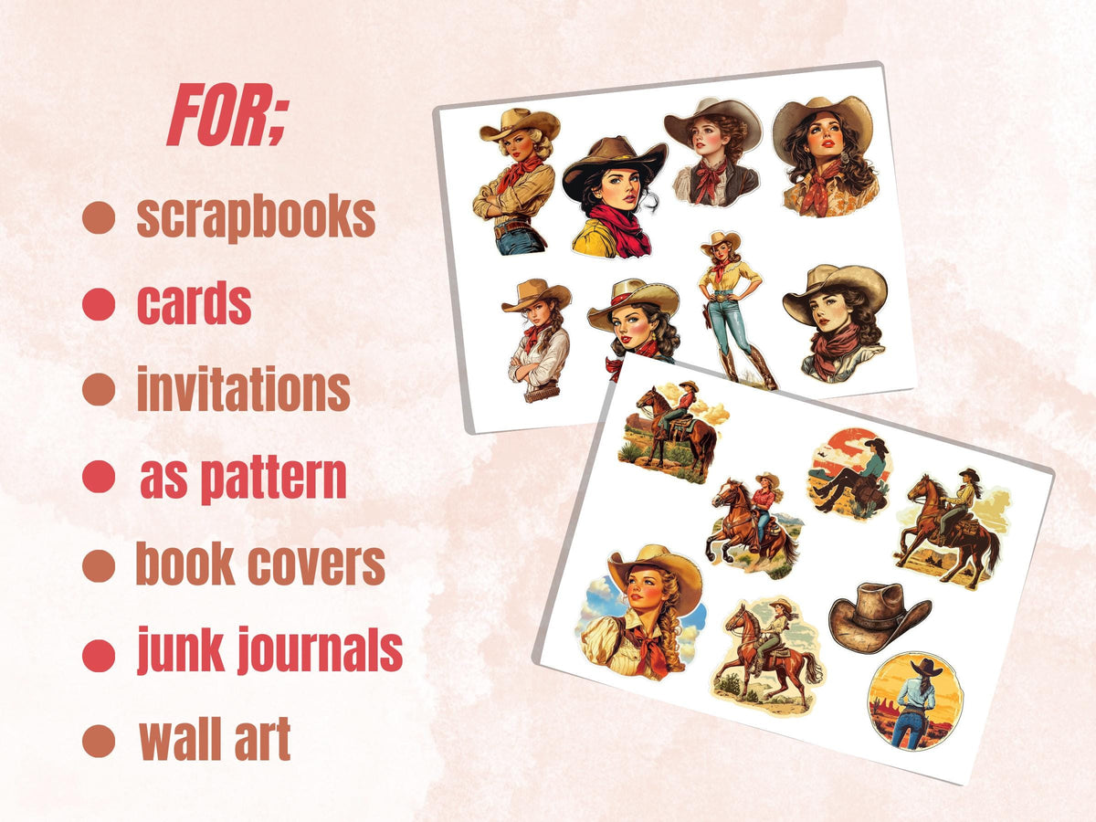 Western Cowgirl Fussy Cut Pages, Desert Girl Fussy Cut Ephemera Sheet, Wild West Retro Cowgirl Journal Add On Kit, Retro Mixed Media Collage