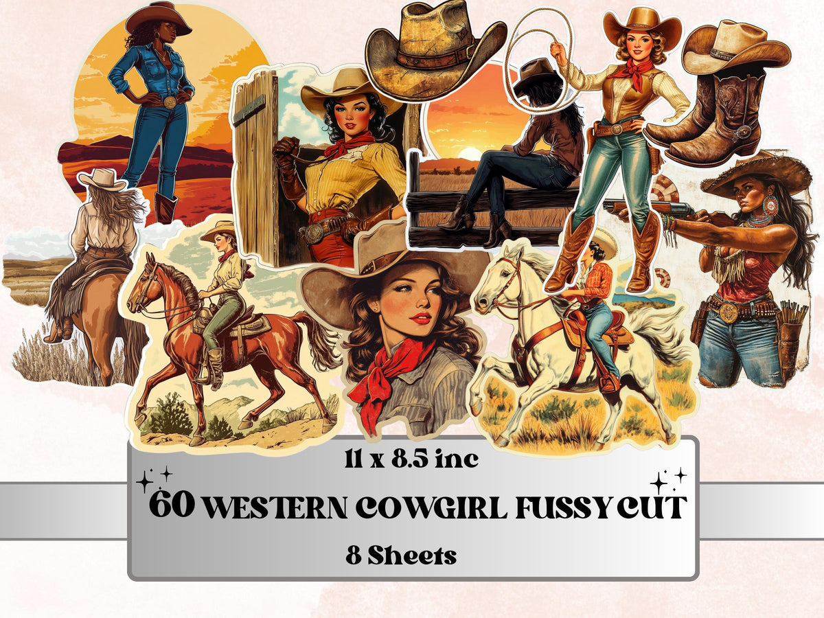 Western Cowgirl Fussy Cut Pages, Desert Girl Fussy Cut Ephemera Sheet, Wild West Retro Cowgirl Journal Add On Kit, Retro Mixed Media Collage