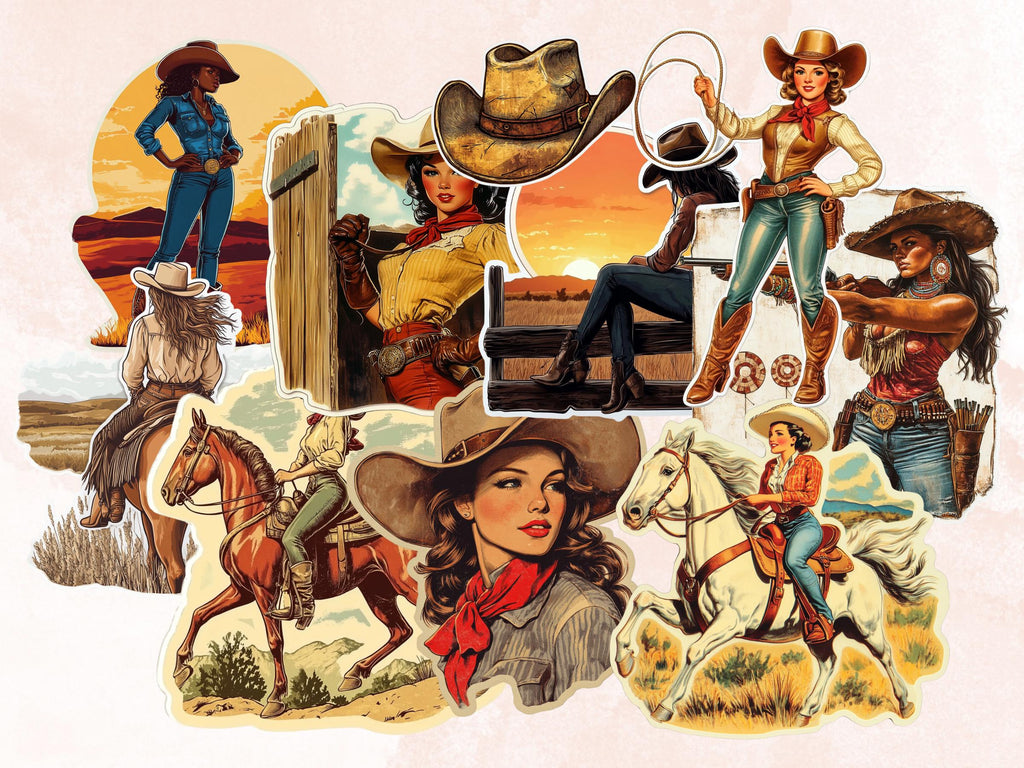 Western Cowgirl Fussy Cut Pages, Desert Girl Fussy Cut Ephemera Sheet, Wild West Retro Cowgirl Journal Add On Kit, Retro Mixed Media Collage