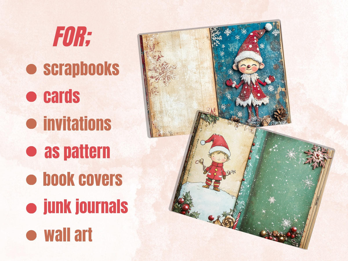 Whimsical Christmas Elf Junk Journal Kit, Elves Pages Ephemera, Xmas Collage Sheet,  Christmas Scrapbook Paper, Printable Vintage ATC Card