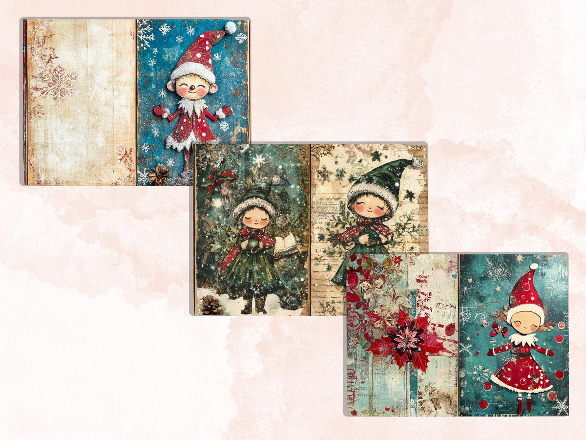 Whimsical Christmas Elf Junk Journal Kit, Elves Pages Ephemera, Xmas Collage Sheet,  Christmas Scrapbook Paper, Printable Vintage ATC Card