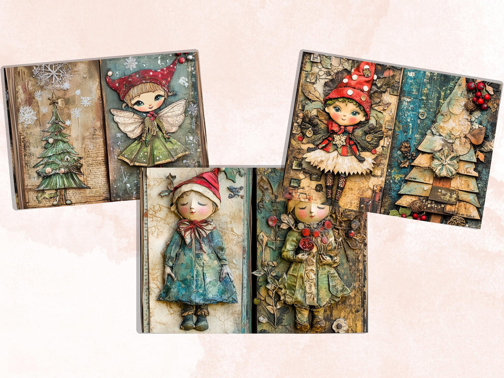 Whimsical Christmas Elf Junk Journal Kit, Elves Pages Ephemera, Xmas Collage Sheet,  Christmas Scrapbook Paper, Printable Vintage ATC Card