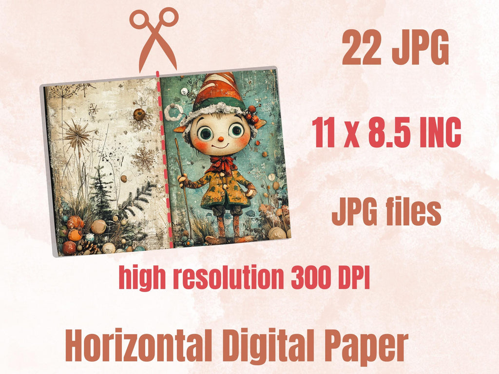 Whimsical Christmas Elf Junk Journal Kit, Elves Pages Ephemera, Xmas Collage Sheet,  Christmas Scrapbook Paper, Printable Vintage ATC Card