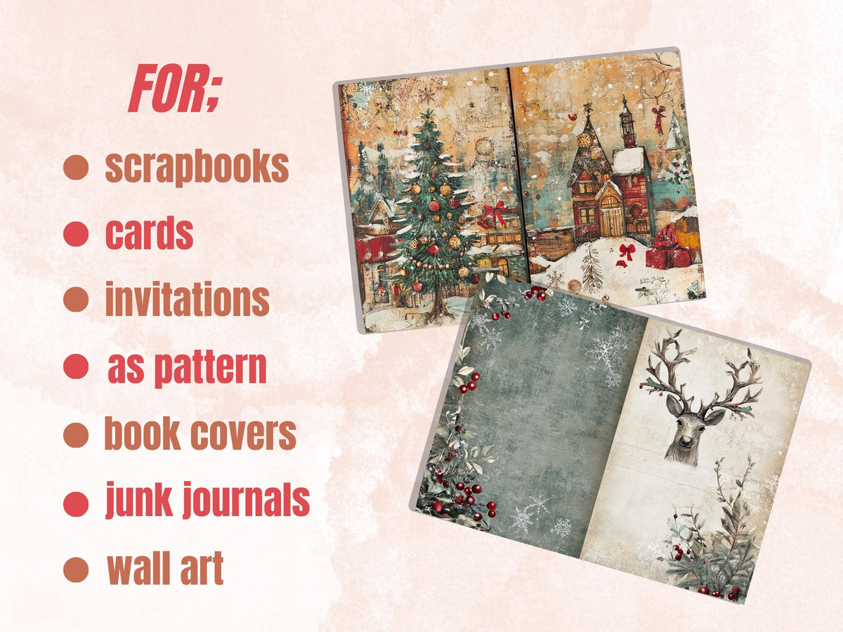 Boho Neutral Christmas Junk Journal Kit, Beige Noel Pages Ephemera, Mixed Media Collage Sheet, Xmas Scrapbook Paper, Christmas ATC Card