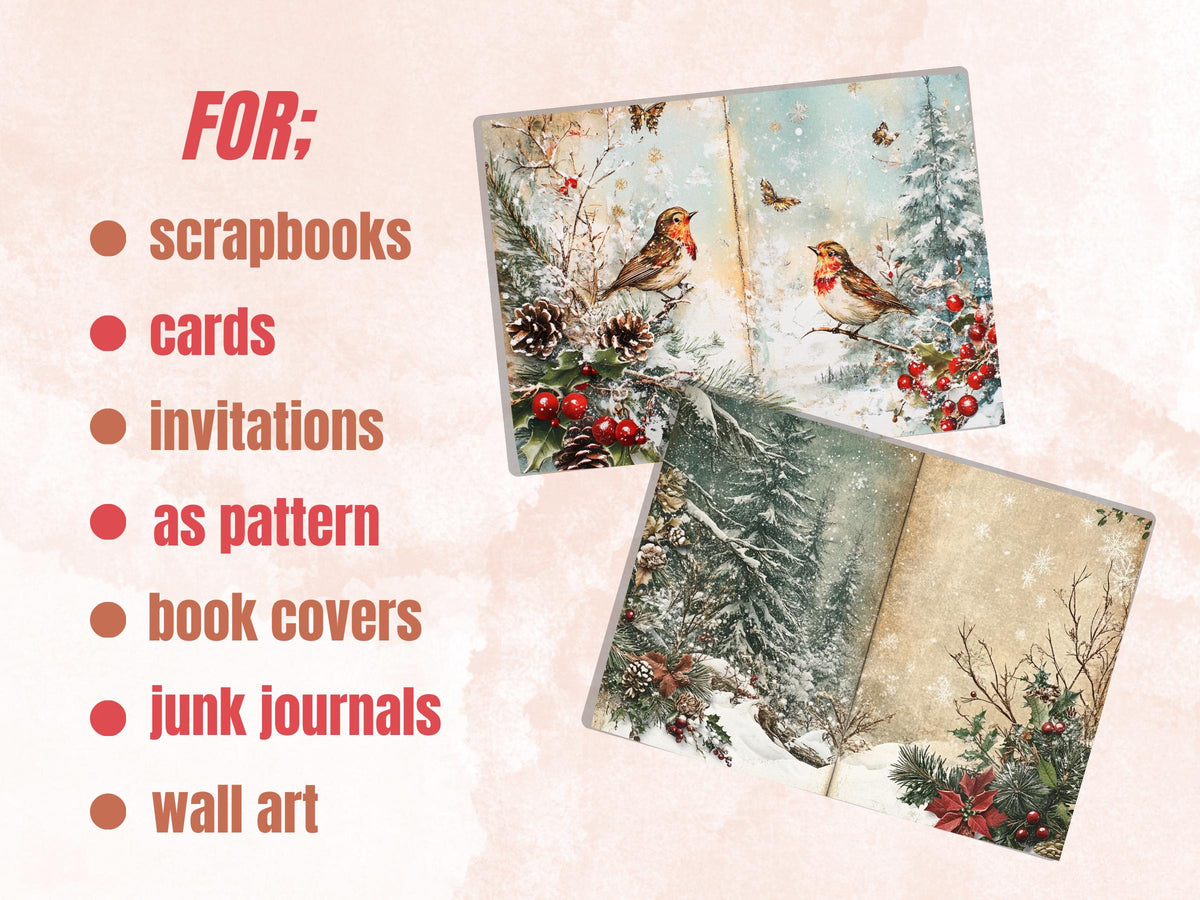 Winter Woodland Christmas Junk Journal Kit, Snowy Forest Pages Ephemera, Mixed Media Collage Sheet, Xmas Scrapbook Paper, Christmas ATC Card