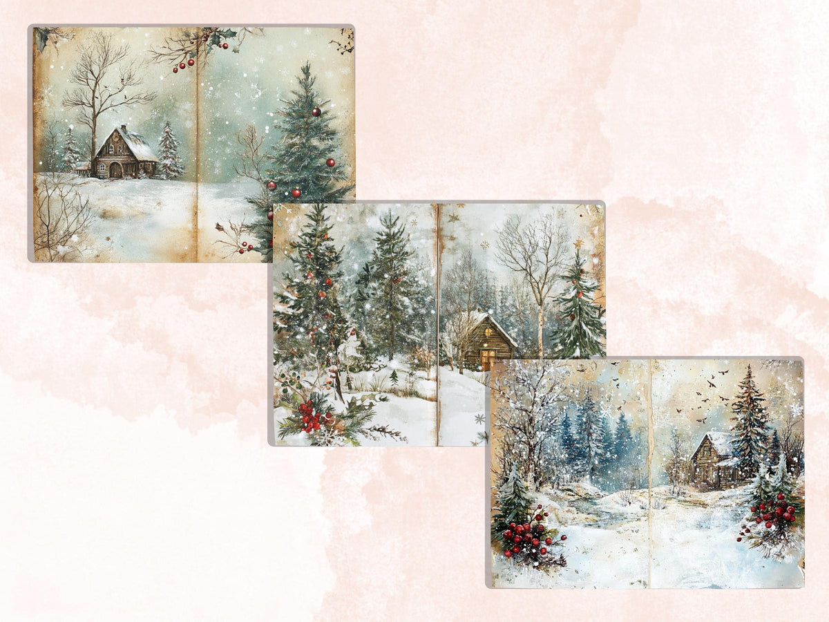 Winter Woodland Christmas Junk Journal Kit, Snowy Forest Pages Ephemera, Mixed Media Collage Sheet, Xmas Scrapbook Paper, Christmas ATC Card
