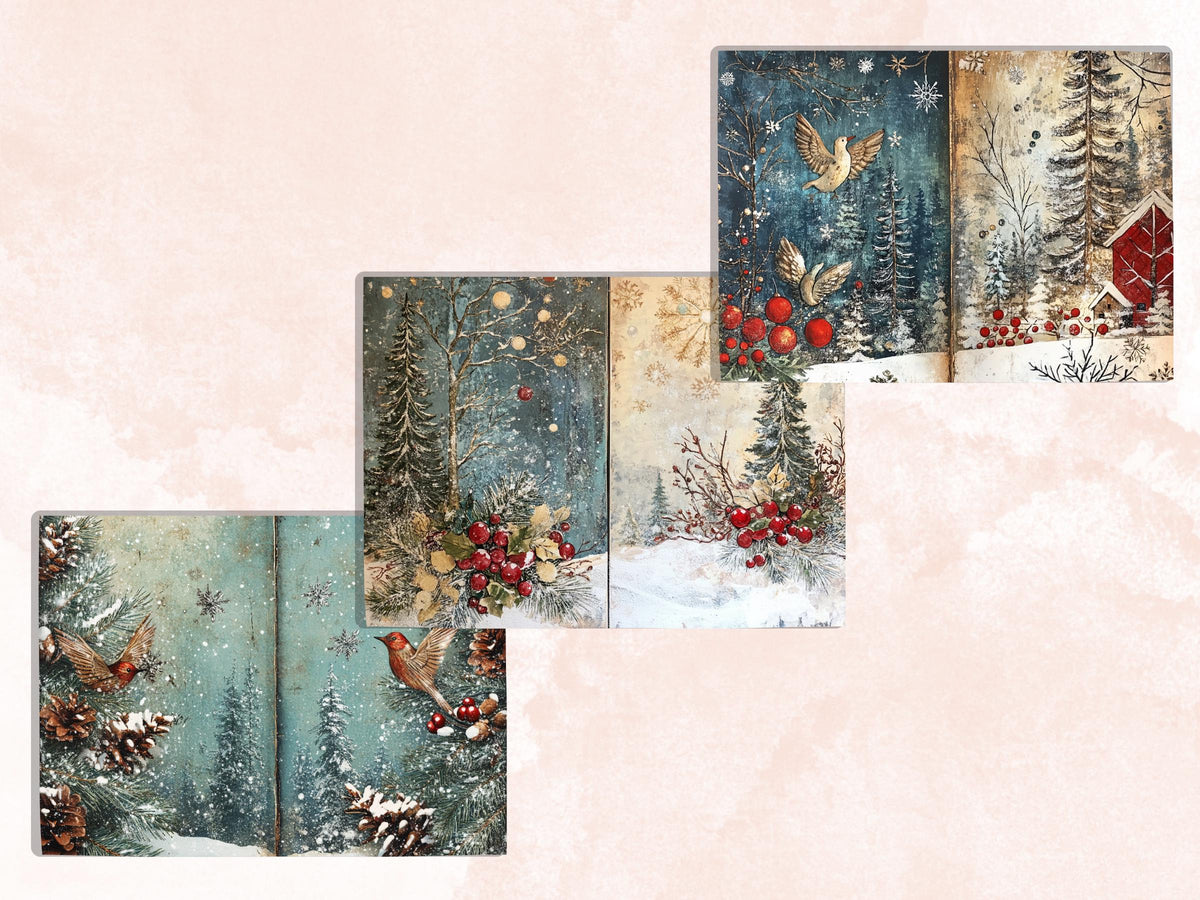 Winter Woodland Christmas Junk Journal Kit, Snowy Forest Pages Ephemera, Mixed Media Collage Sheet, Xmas Scrapbook Paper, Christmas ATC Card