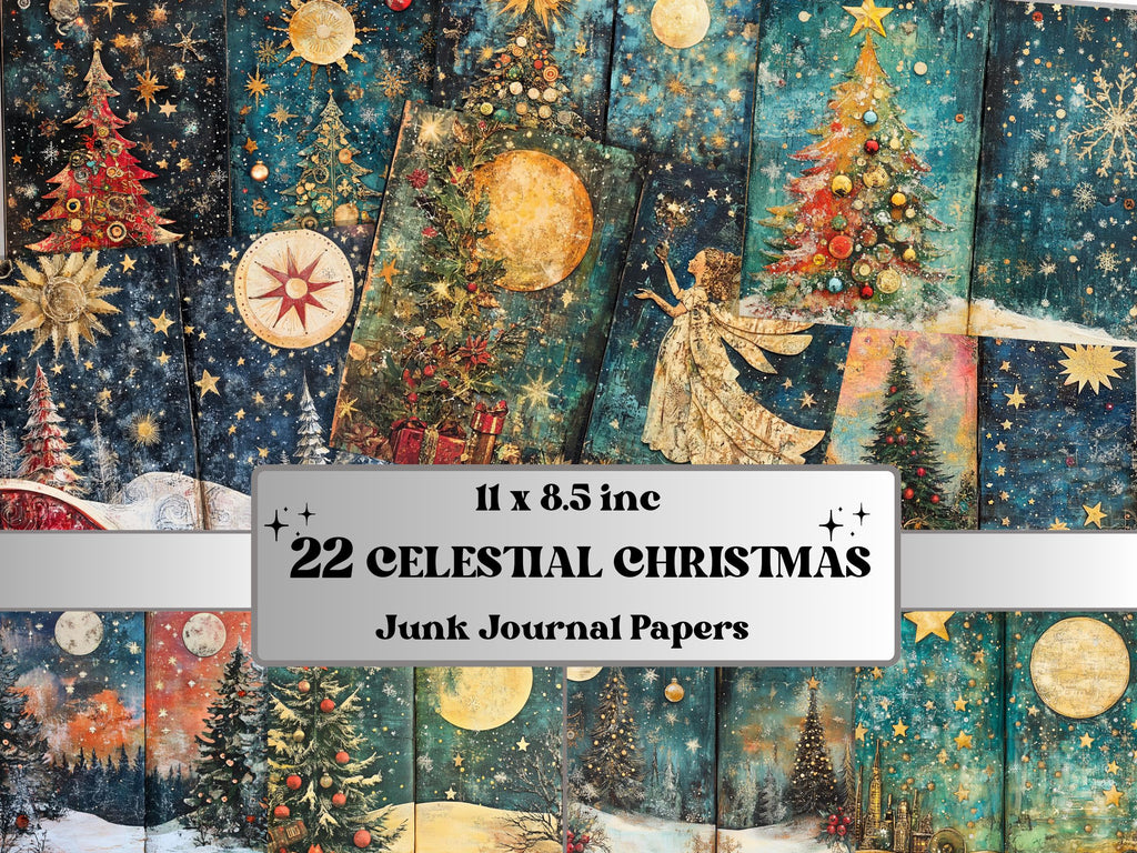 Celestial Christmas Junk Journal Kit, Starry Holly Noel Pages Ephemera, Mixed Media Collage Sheet, Xmas Scrapbook Paper, Christmas ATC Card