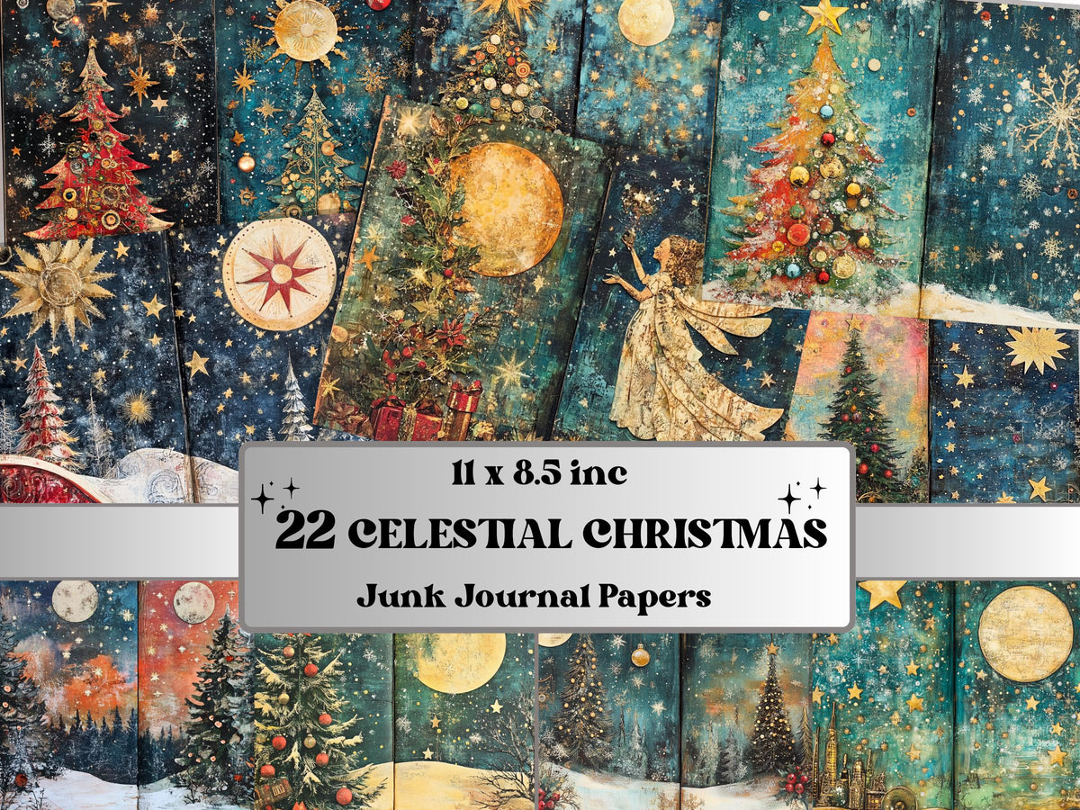 Celestial Christmas Junk Journal Kit, Starry Holly Noel Pages Ephemera, Mixed Media Collage Sheet, Xmas Scrapbook Paper, Christmas ATC Card