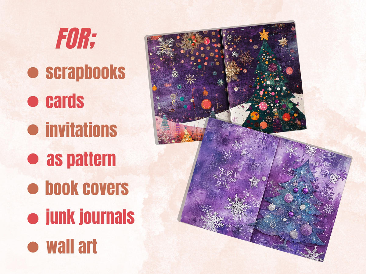 Purple Christmas Junk Journal Kit, Whimsical Noel Pages Ephemera, Mixed Media Collage Sheet, Xmas Scrapbook Paper, Christmas ATC Card