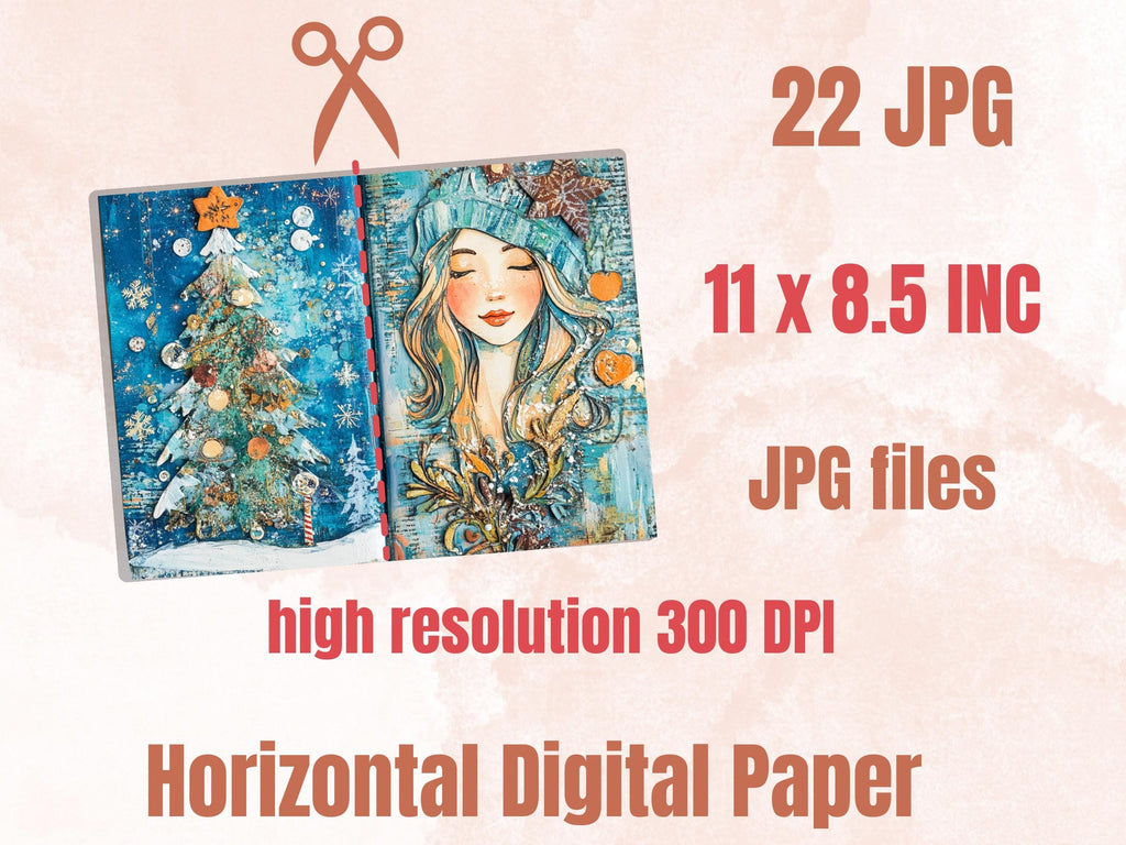 Blue Christmas Junk Journal Kit, Whimsical Noel Pages Ephemera, Mixed Media Collage Sheet, Xmas Scrapbook Paper, Winter Christmas ATC Card
