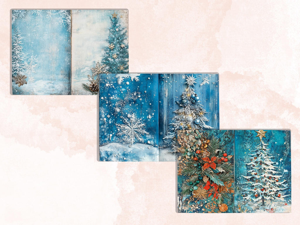 Blue Christmas Junk Journal Kit, Whimsical Noel Pages Ephemera, Mixed Media Collage Sheet, Xmas Scrapbook Paper, Winter Christmas ATC Card