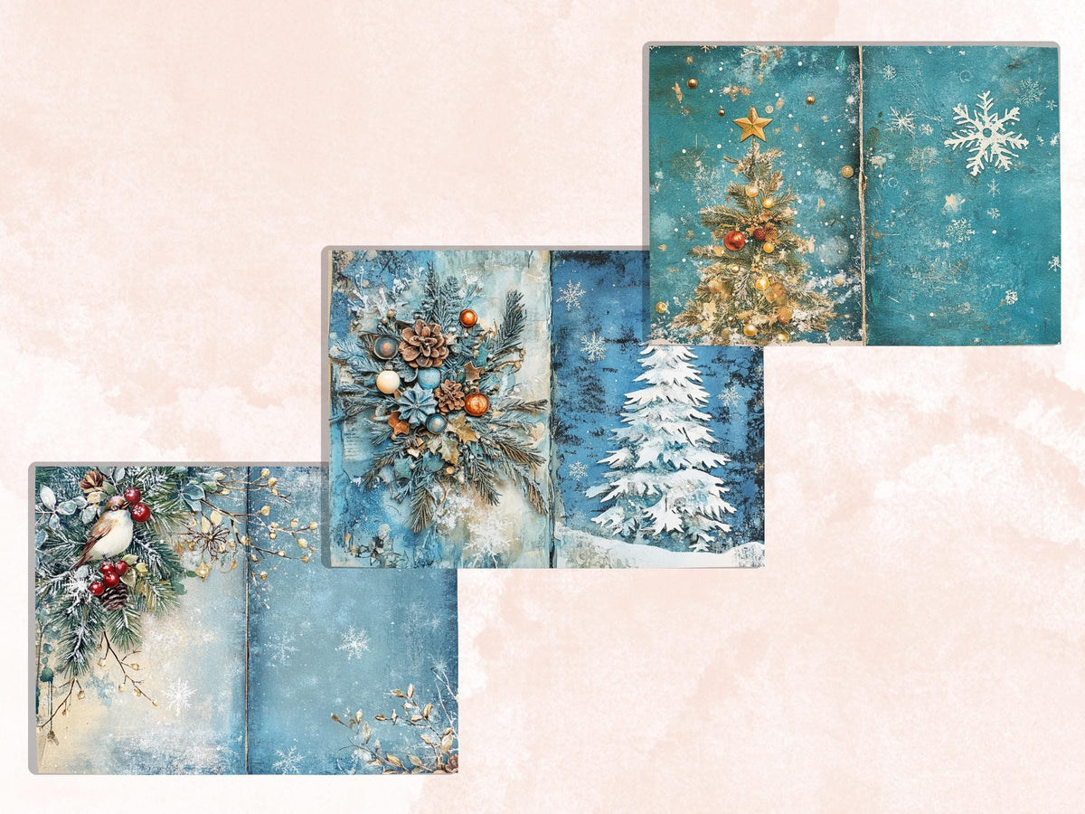 Blue Christmas Junk Journal Kit, Whimsical Noel Pages Ephemera, Mixed Media Collage Sheet, Xmas Scrapbook Paper, Winter Christmas ATC Card