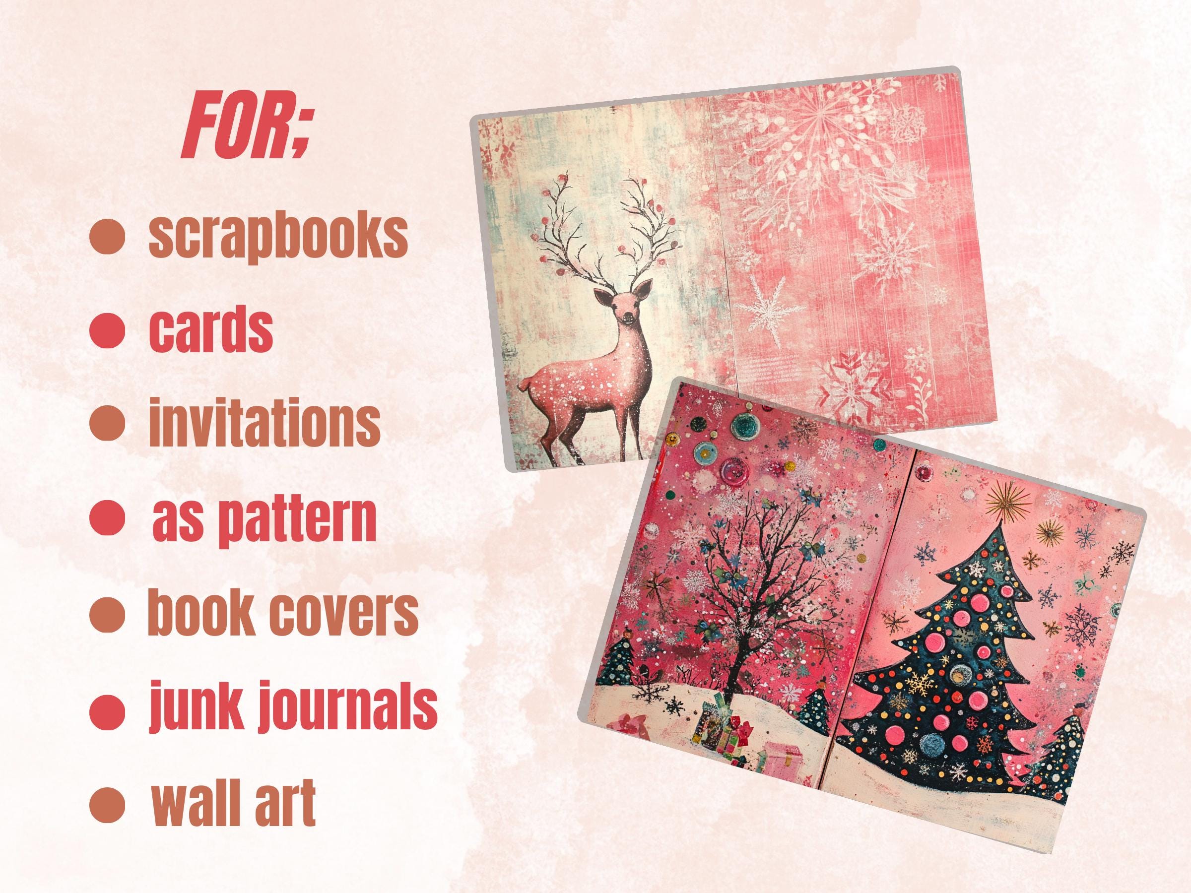 Pink Christmas Junk Journal Kit, Whimsical Noel Pages Ephemera, Mixed Media Collage Sheet, Xmas Scrapbook Paper, Pastel Christmas ATC Card