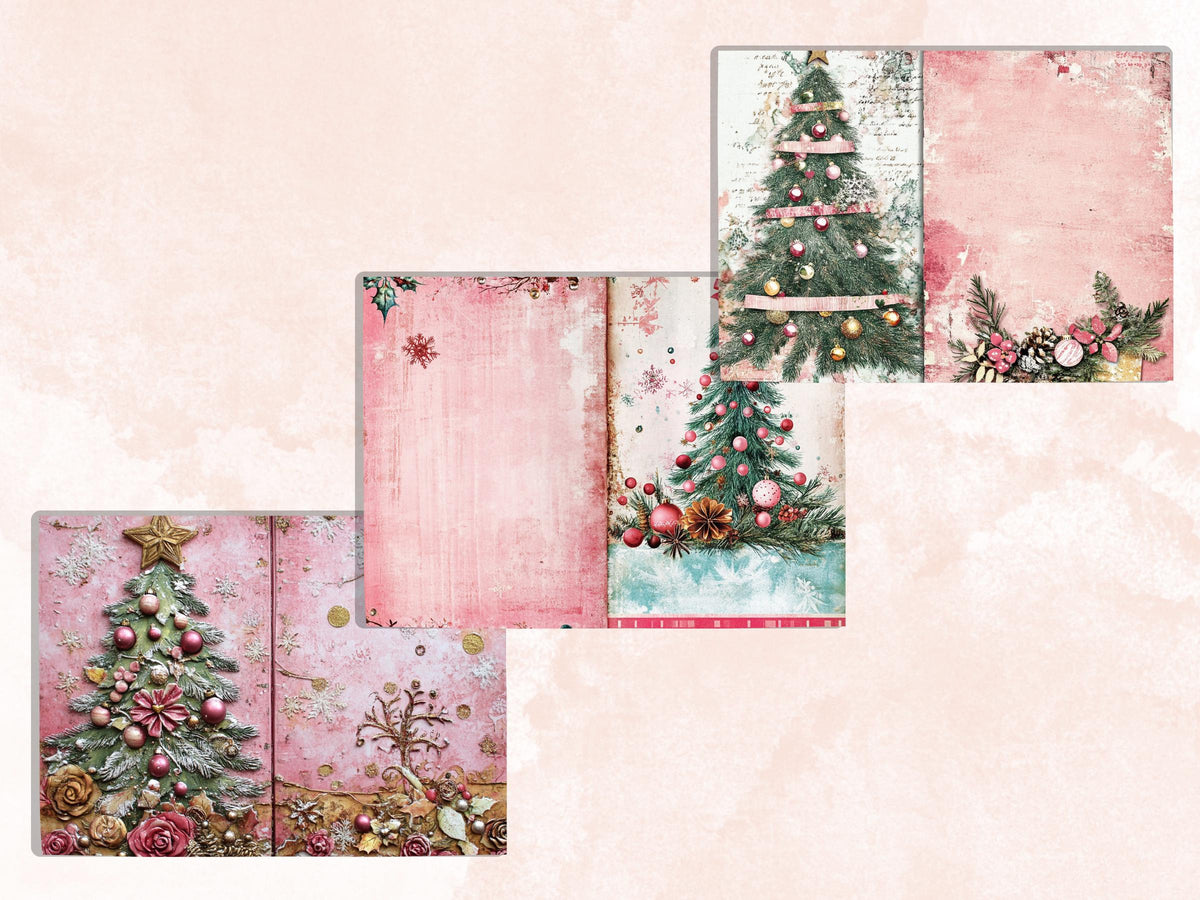 Pink Christmas Junk Journal Kit, Whimsical Noel Pages Ephemera, Mixed Media Collage Sheet, Xmas Scrapbook Paper, Pastel Christmas ATC Card