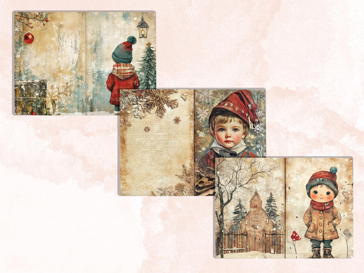 Christmas Little Boy Junk Journal Kit, Winter Noel Kids Pages Ephemera, Mixed Media Collage Sheet, Xmas Scrapbook Paper, Christmas ATC Card