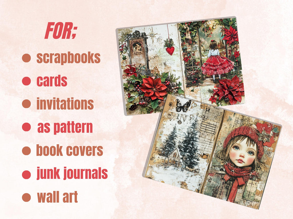 Christmas Little Girl Junk Journal Kit, Winter Noel Kids Pages Ephemera, Mixed Media Collage Sheet, Xmas Scrapbook Paper, Christmas ATC Card