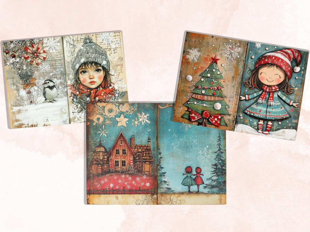 Christmas Little Girl Junk Journal Kit, Winter Noel Kids Pages Ephemera, Mixed Media Collage Sheet, Xmas Scrapbook Paper, Christmas ATC Card