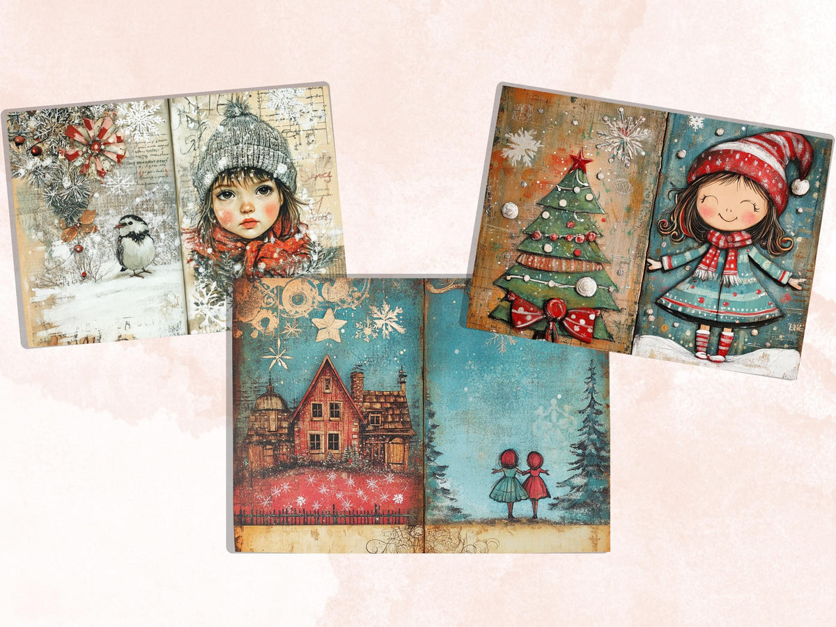 Christmas Little Girl Junk Journal Kit, Winter Noel Kids Pages Ephemera, Mixed Media Collage Sheet, Xmas Scrapbook Paper, Christmas ATC Card
