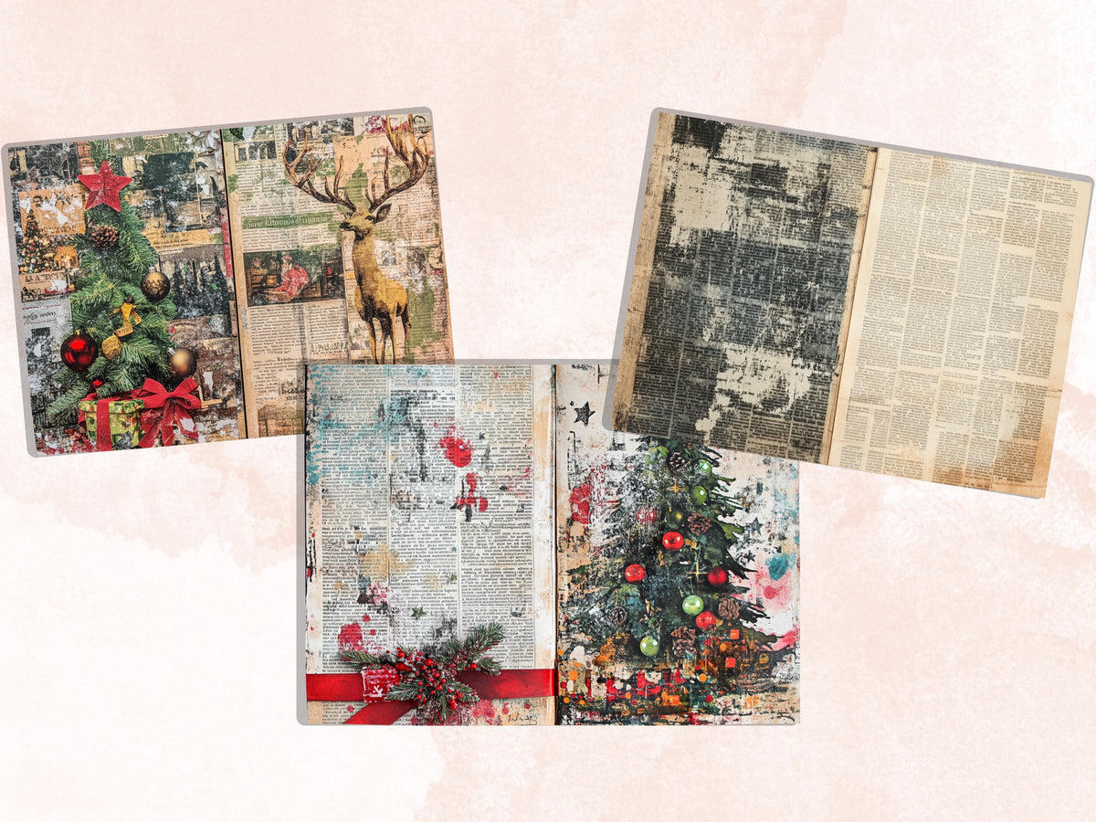 Christmas Newspaper Junk Journal Kit, Noel Patchwork Pages Ephemera, Mixed Media Collage Sheet, Xmas Scrapbook Paper, Christmas ATC Card