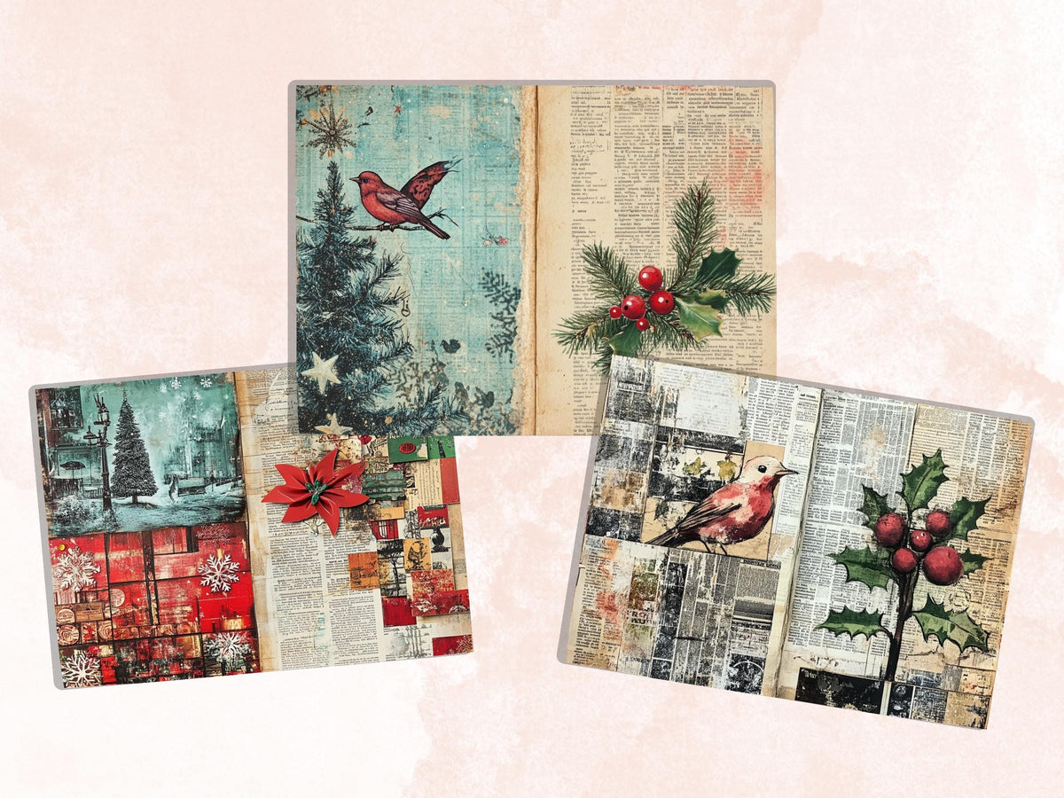 Christmas Newspaper Junk Journal Kit, Noel Patchwork Pages Ephemera, Mixed Media Collage Sheet, Xmas Scrapbook Paper, Christmas ATC Card
