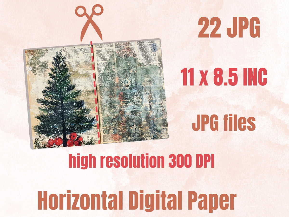 Christmas Newspaper Junk Journal Kit, Noel Patchwork Pages Ephemera, Mixed Media Collage Sheet, Xmas Scrapbook Paper, Christmas ATC Card