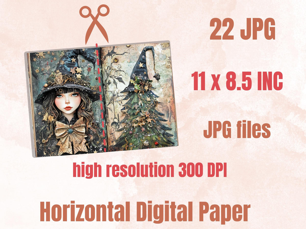 Christmas Witch Junk Journal Kit, Gothic Noel Witchcraft Pages Ephemera, Mixed Media Collage Sheet, Xmas Scrapbook Paper, Christmas ATC Card